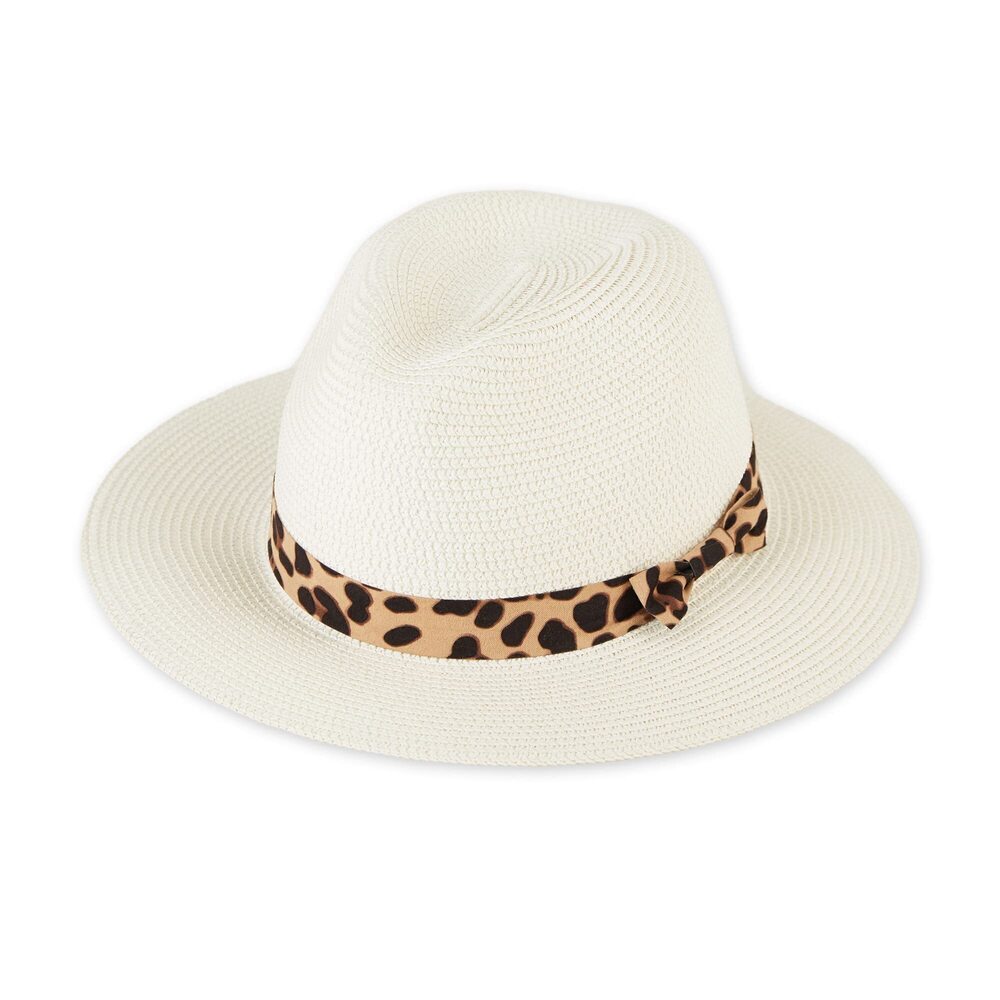 4701 Lightweight Summer Sun Hat, Adjustable Fit, Leopard Ribbon, White, One